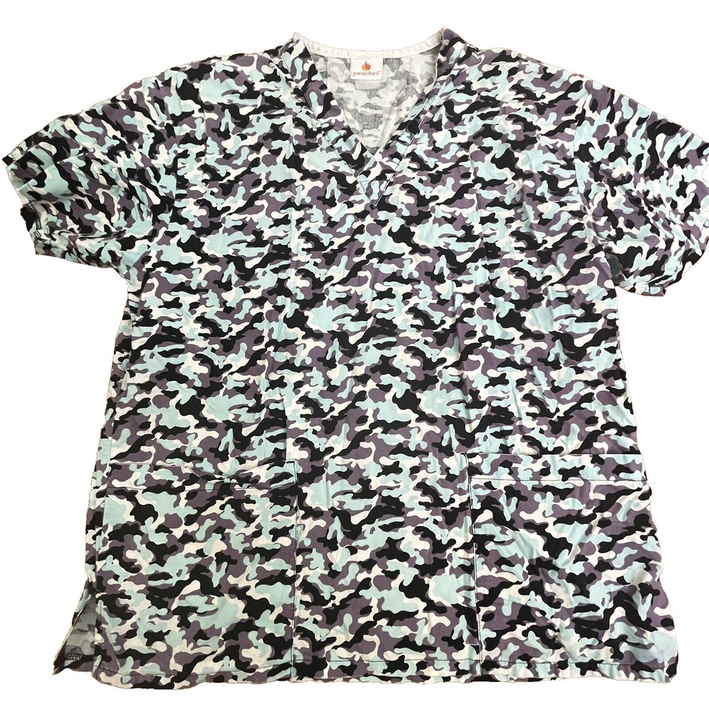 Peaches Scrub Top Womens Medium M Flowers Camouflage‎ Short Sleeves